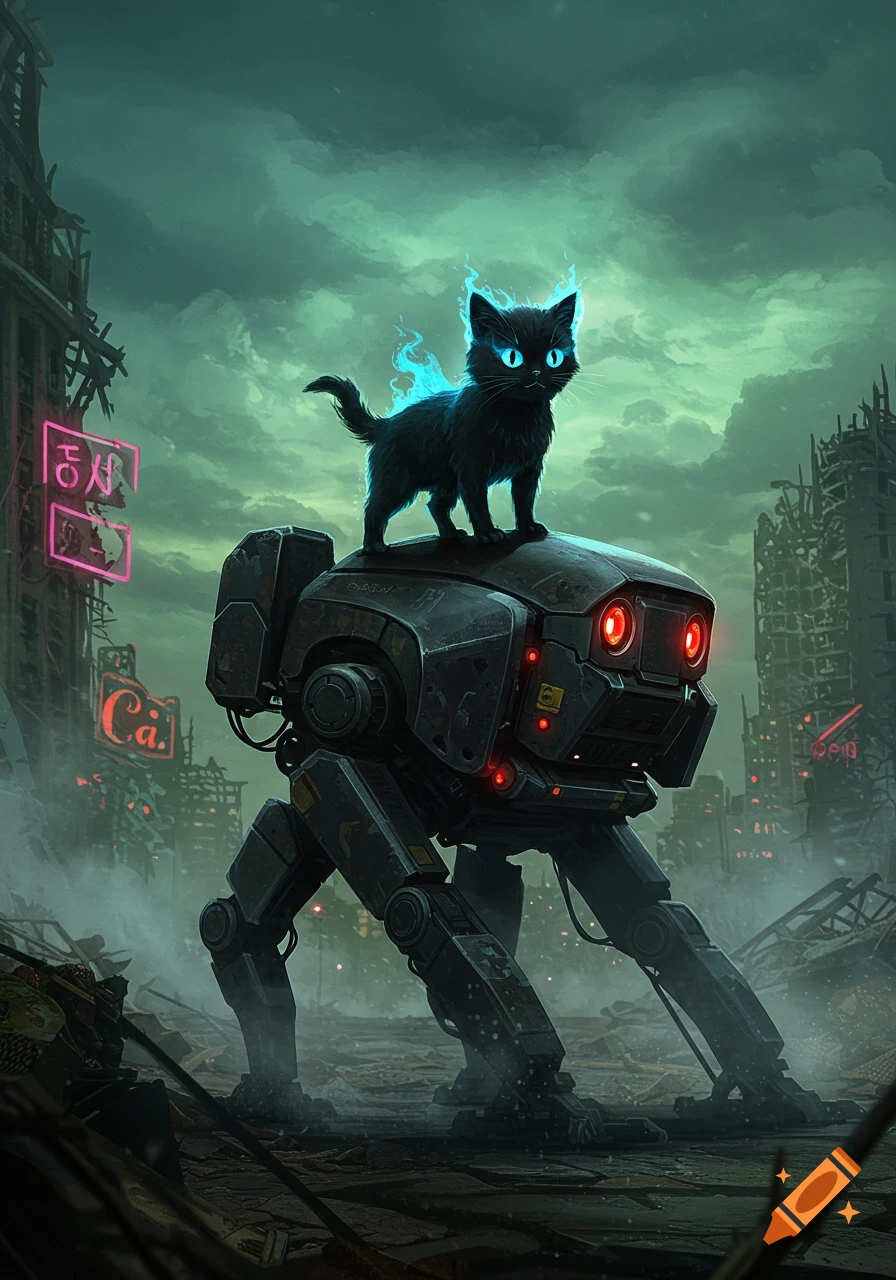 A black cat with glowing blue eyes and blue flames stands atop a large robot in a ruined, greenish city with neon signs, in a dark fantasy style.