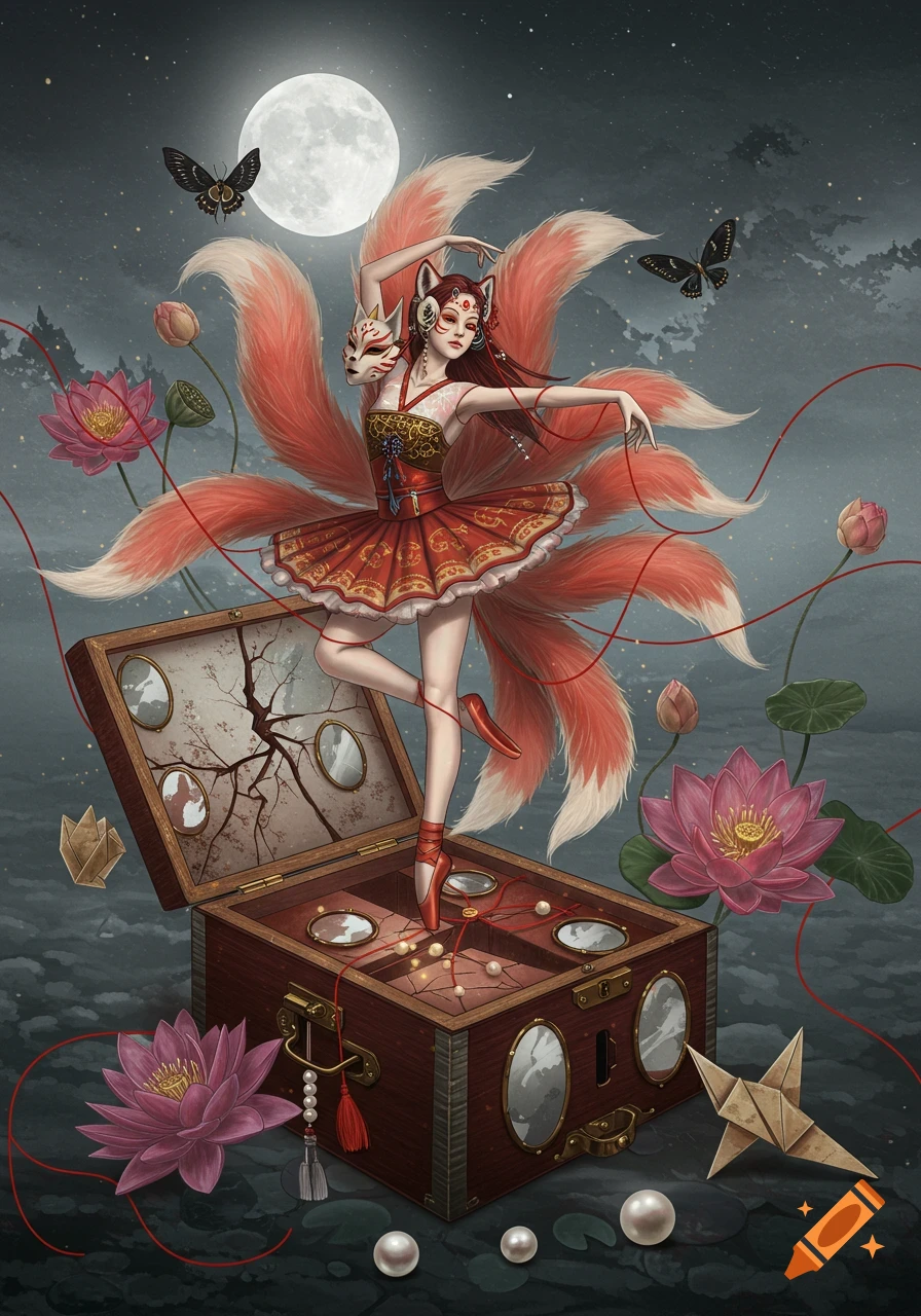 A mythical Kitsune ballerina with nine tails dances on a music box under a full moon, surrounded by lotus flowers.