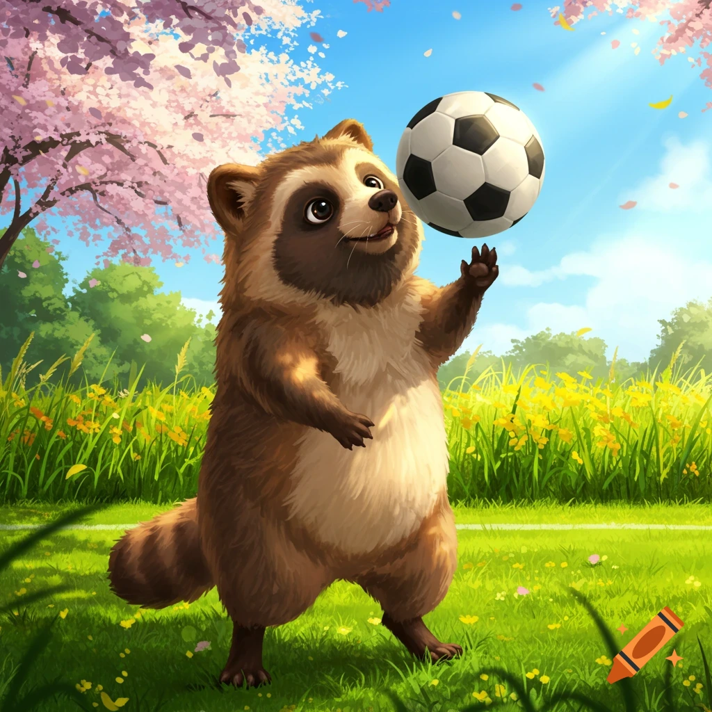 A cute cartoon tanuki plays with a soccer ball in a grassy field with yellow flowers and a pink cherry blossom tree under a blue sky.