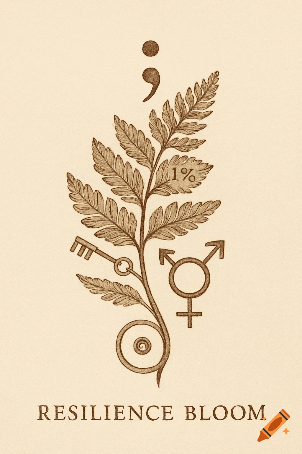 Sepia drawing of a fern stem with a semicolon, 1% symbol, a key, and a transgender symbol, with 'RESILIENCE BLOOM' text below.