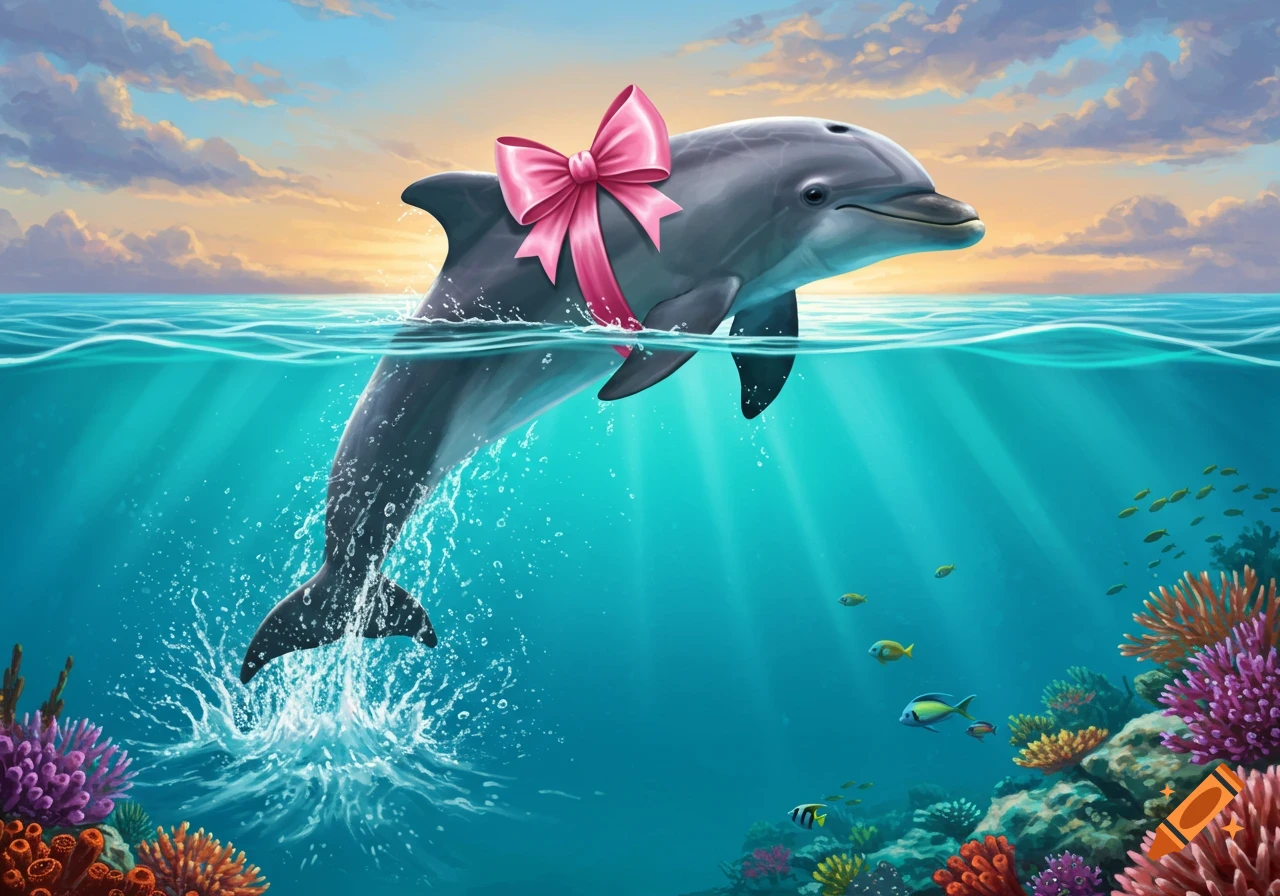 A happy dolphin jumps out of clear blue water, wearing a pink bow, with colorful coral reefs below the surface at sunset.