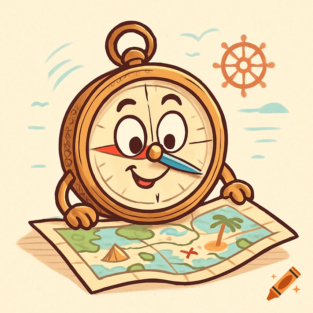 A friendly anthropomorphic compass mascot smiles while looking at a treasure map in a simple cartoon style.