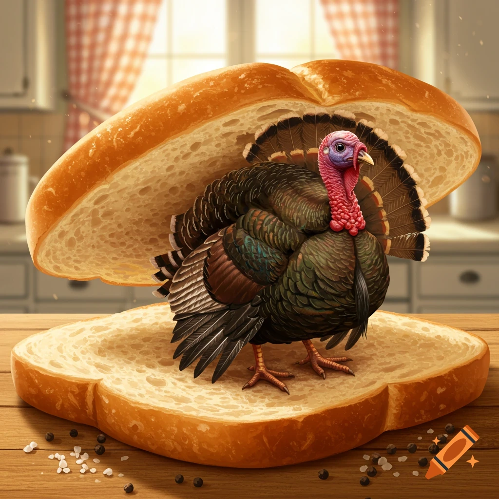 A realistic turkey stands between two slices of bread on a wooden counter in a kitchen, with salt and pepper scattered.