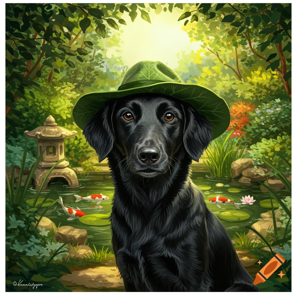 A black dog wearing a green leaf hat sits by a pond with koi fish and a stone lantern in a lush, sunlit garden.