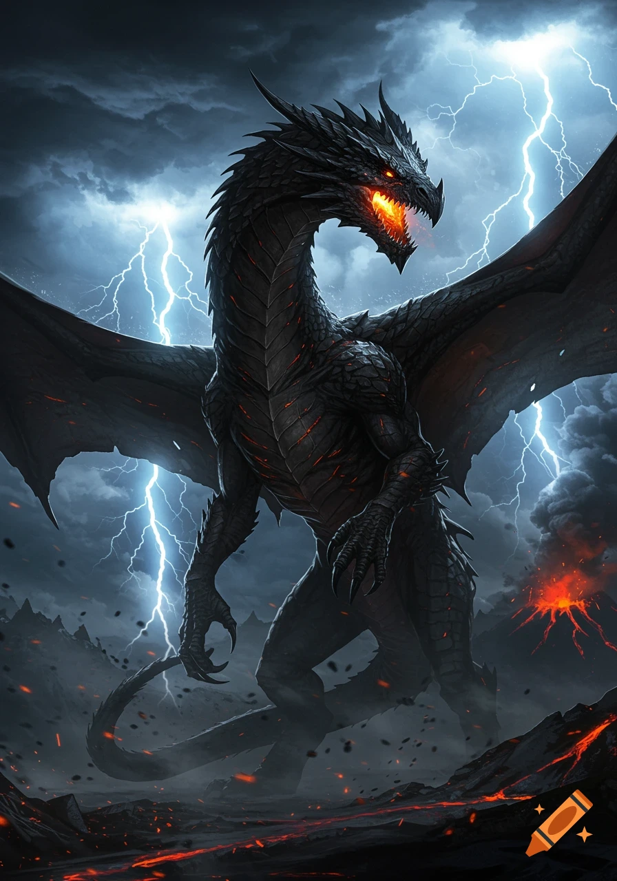 A giant black dragon with glowing orange eyes and red glowing scales stands in a stormy volcanic landscape with lightning and lava. Epic fantasy art.