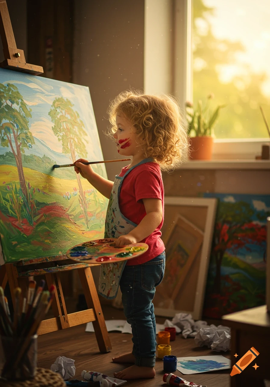 A young child with paint on their face stands in front of an easel, painting a landscape on a canvas.