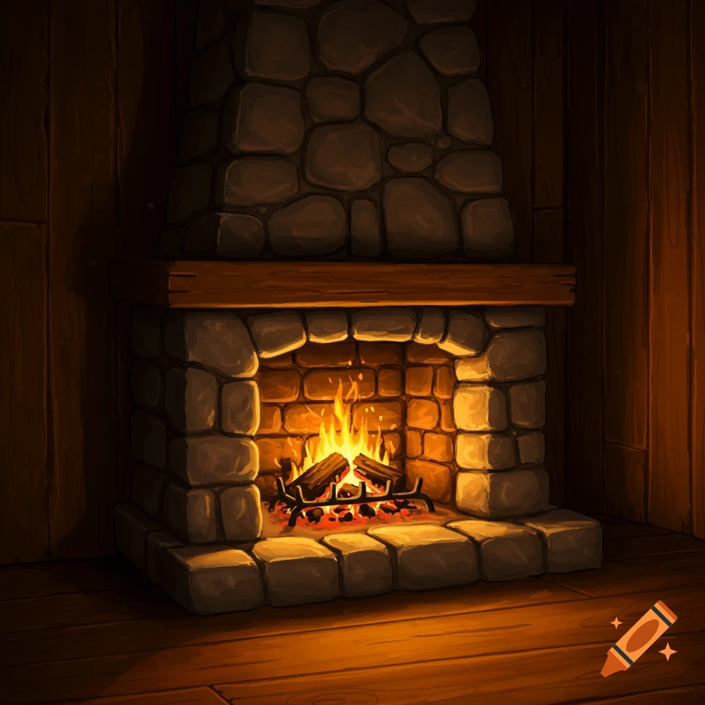 A cozy stone fireplace with a crackling fire in a dark wooden room.
