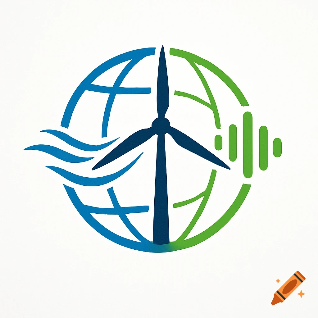 A logo featuring a wind turbine, ocean waves, and sound waves within a globe, symbolizing renewable energy and environmental sustainability.
