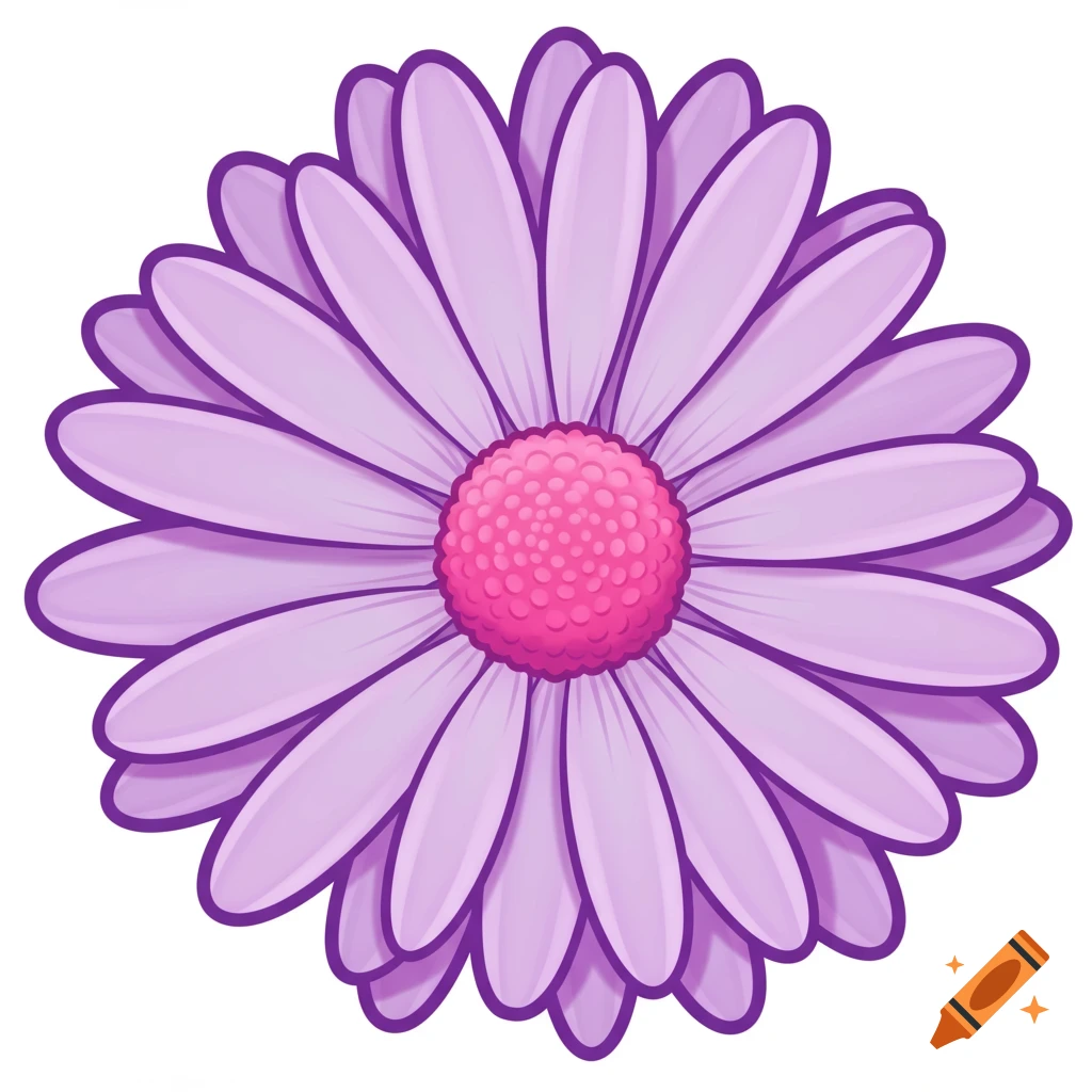 A clean, colorful illustration of a daisy with light purple petals, a purple outline, and a bubble gum pink center.