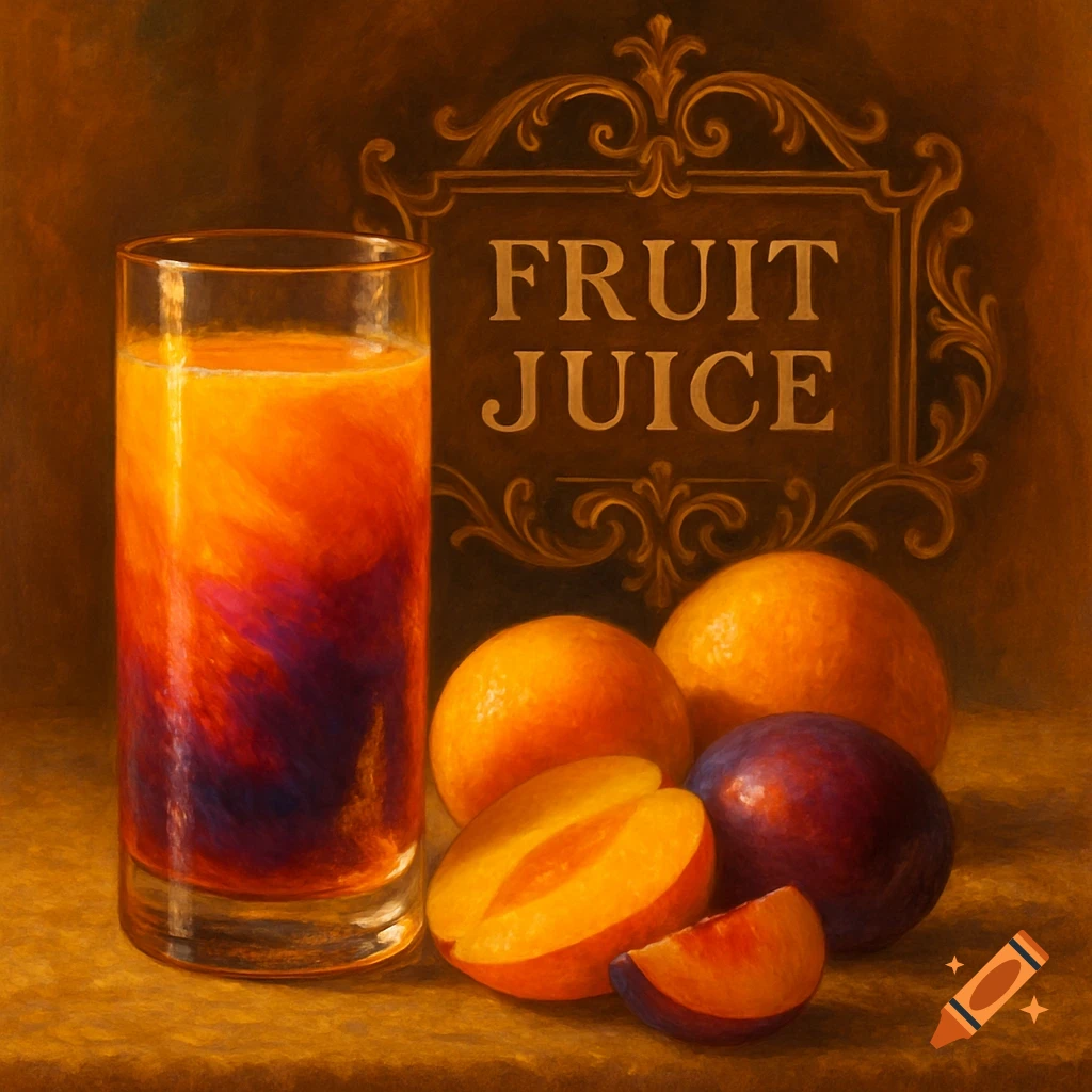 A still life painting of a glass of orange and purple fruit juice, oranges, plums, and a decorative sign reading 'FRUIT JUICE'.