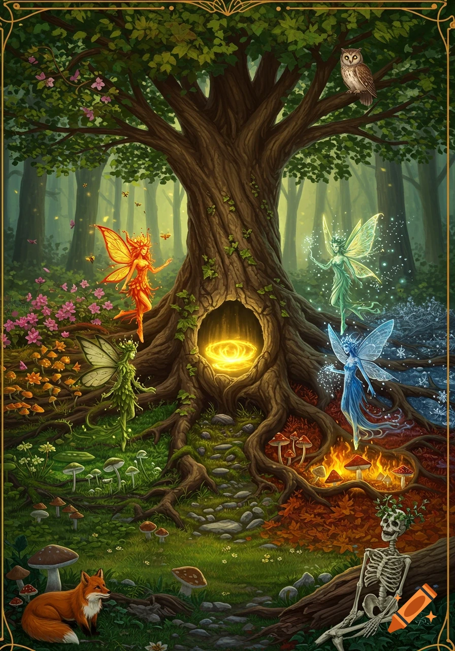 Vibrant fantasy art: elemental fairies dance around an ancient tree, its roots dividing four seasons with glowing mushrooms, flora, fox, owl & skeleton.