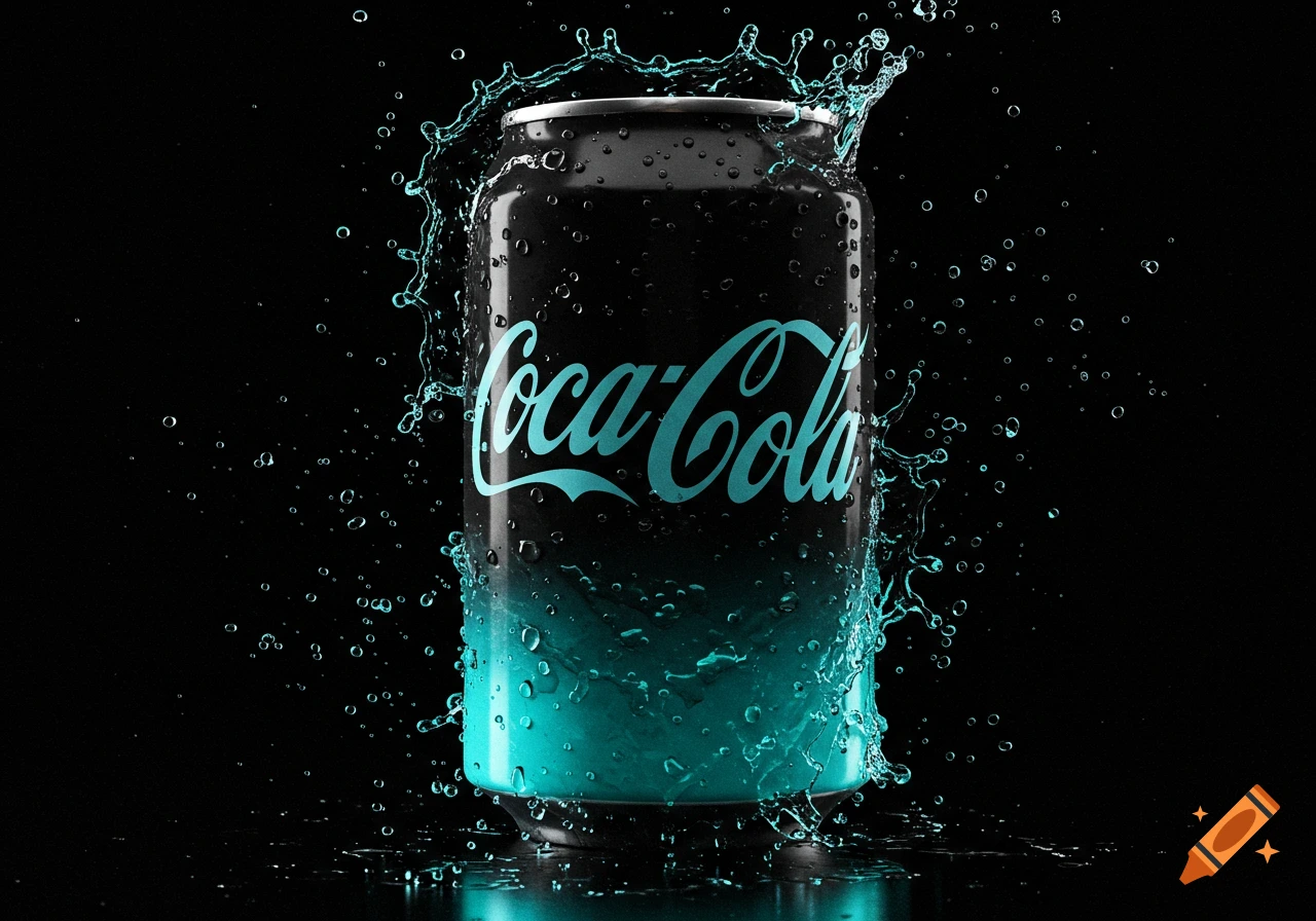 A black Coca-Cola can with a turquoise gradient bottom and turquoise water splashing around it on a black background, photorealistic style.