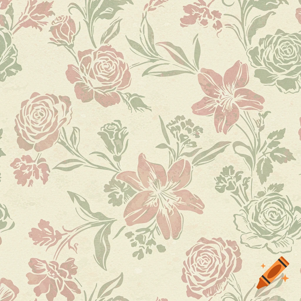 A seamless vintage floral pattern with light pink roses and lilies, and sage green leaves, on a cream background.