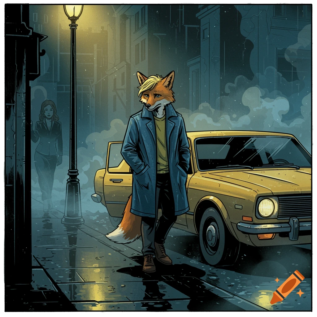 A blonde fox in a blue coat stands by a yellow car on a rainy city street at night, with a woman in the background, in a noir comic book style.