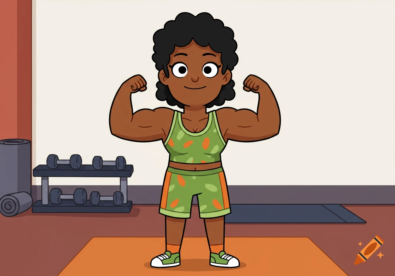 A cartoon woman with dark skin and curly hair flexing her muscles at a gym, wearing a green workout outfit.