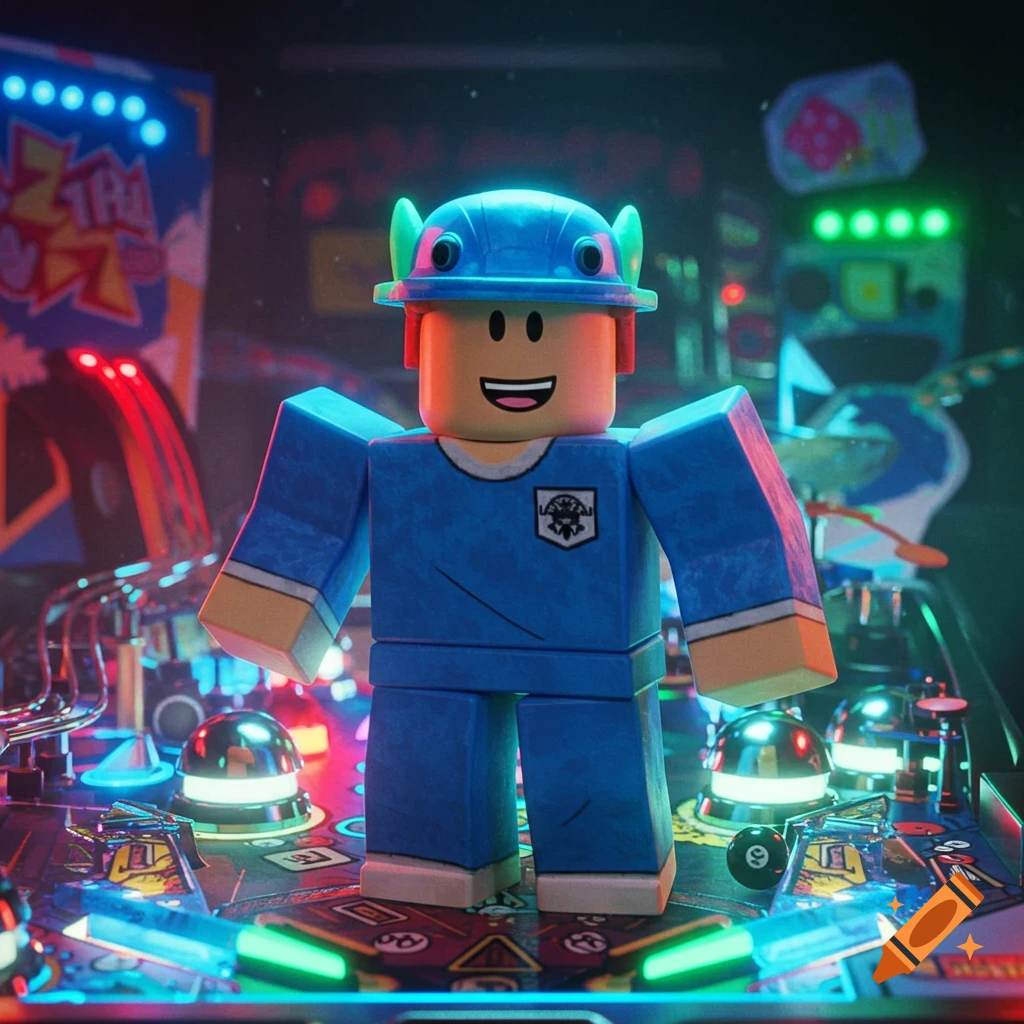A smiling Roblox character with a blue helmet and shirt stands on a vibrant, neon-lit pinball machine.