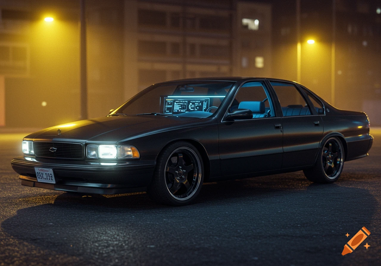 A black 1996 Chevrolet Impala SS parked at night, with glowing headlights and a bright blue screen displaying data on the dashboard.