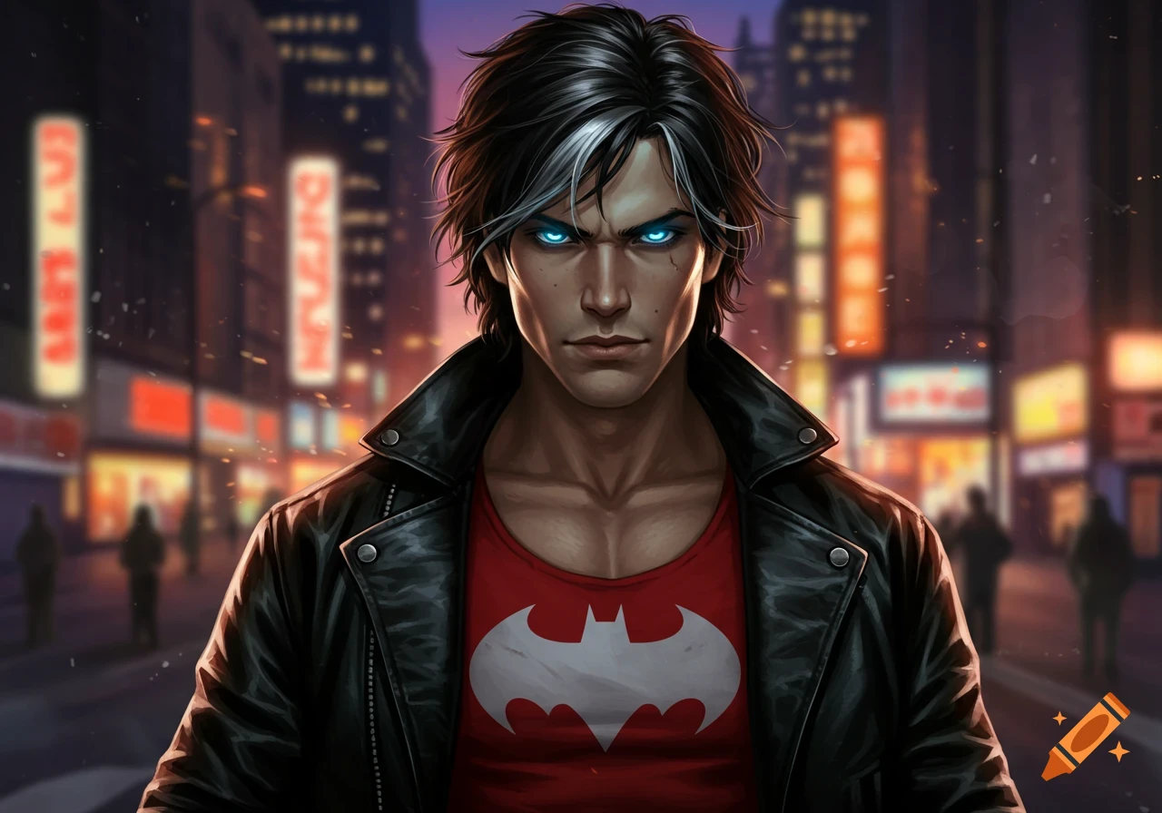 Comic book style art of a serious man with black hair and a white streak, glowing blue eyes, red Batman shirt, and black leather jacket in a city street at night.