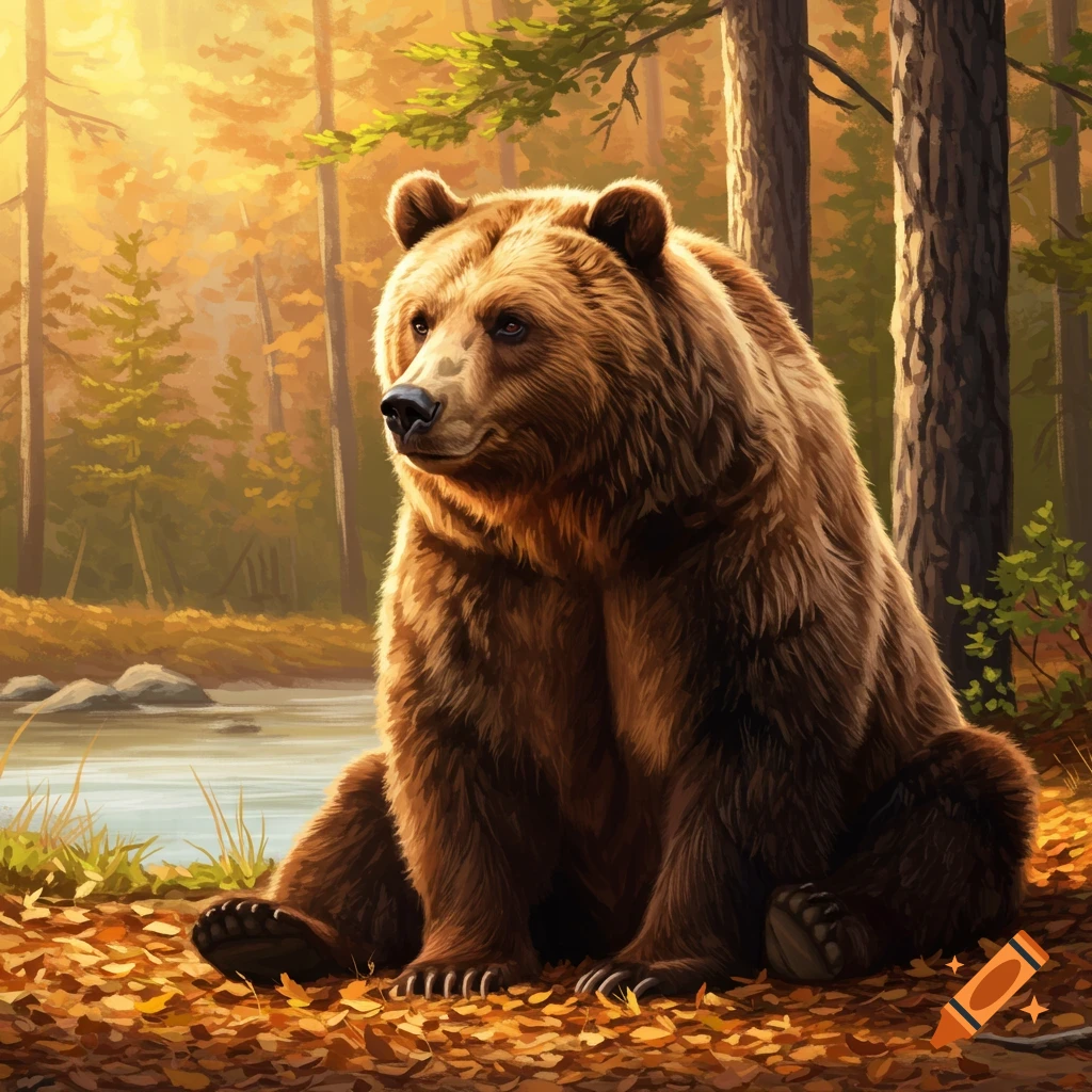 A brown bear sits on autumn leaves next to a river in a sunlit forest, digital art.
