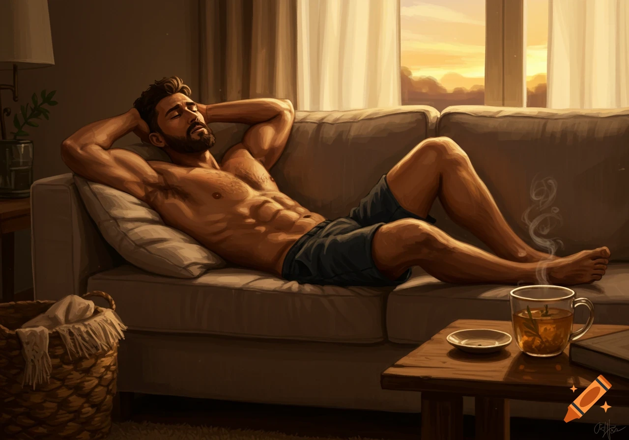 Digital painting of a shirtless muscular man relaxing on a couch, bathed in warm sunset light from a window.