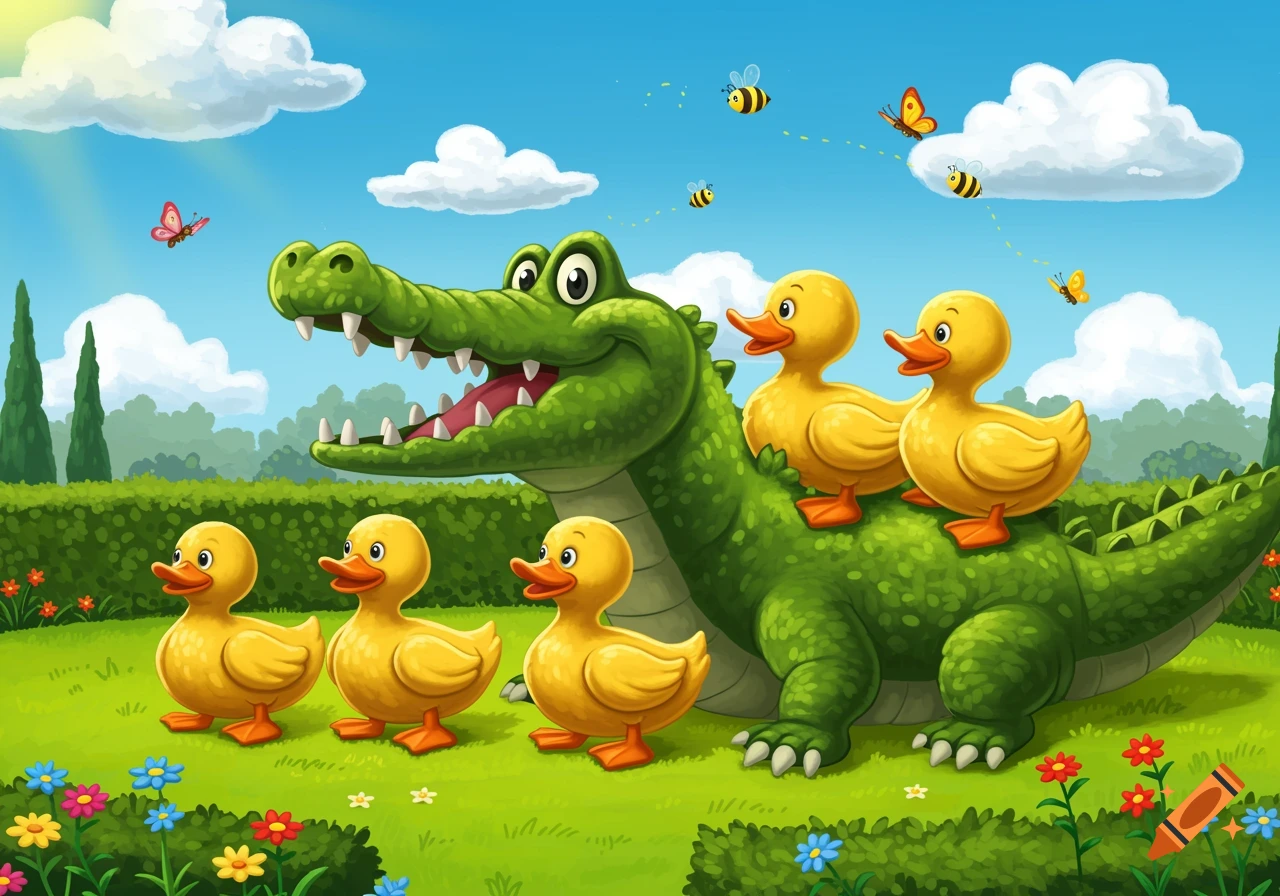 A cartoon green crocodile with yellow ducks in a grassy field. Two ducks ride on its back, three walk beside it. Blue sky with clouds, bees, and butterflies.