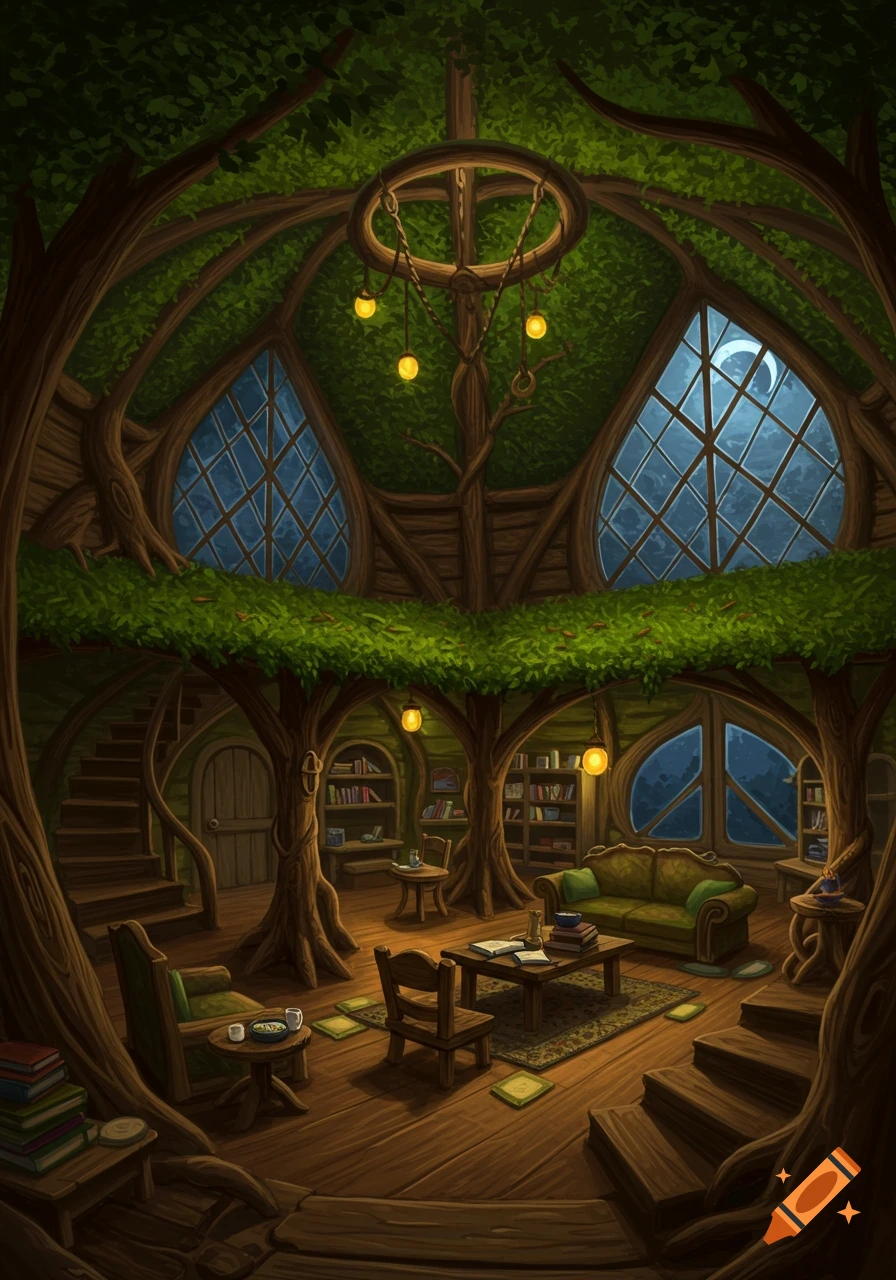 A cozy, detailed, fantasy-style treehouse interior with exposed tree trunks, leafy ceilings, large windows, wooden furniture, and bookshelves, illuminated by warm lights at night.