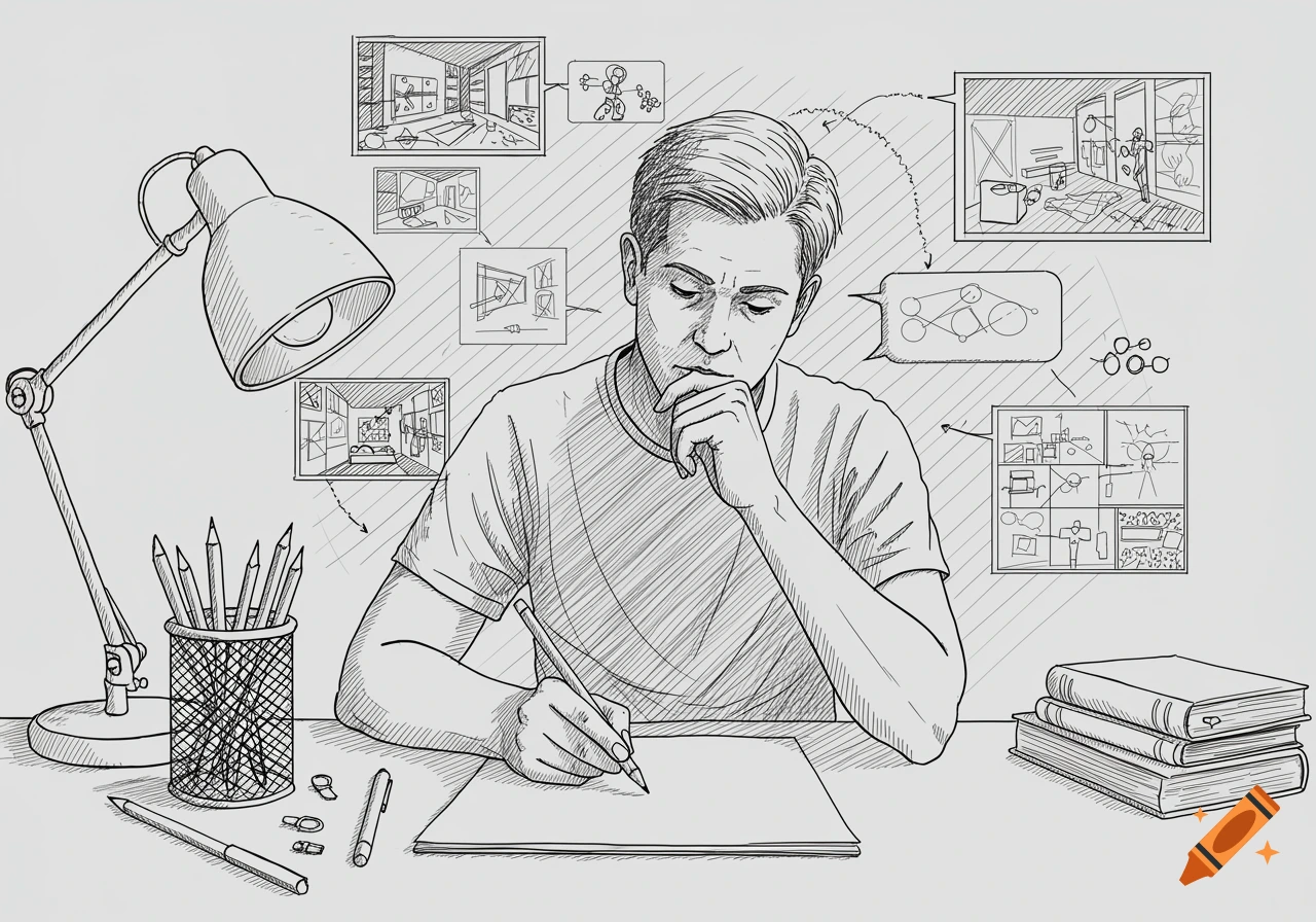 Line drawing of a young man sketching at a desk, surrounded by thought bubbles containing architectural and design concepts.