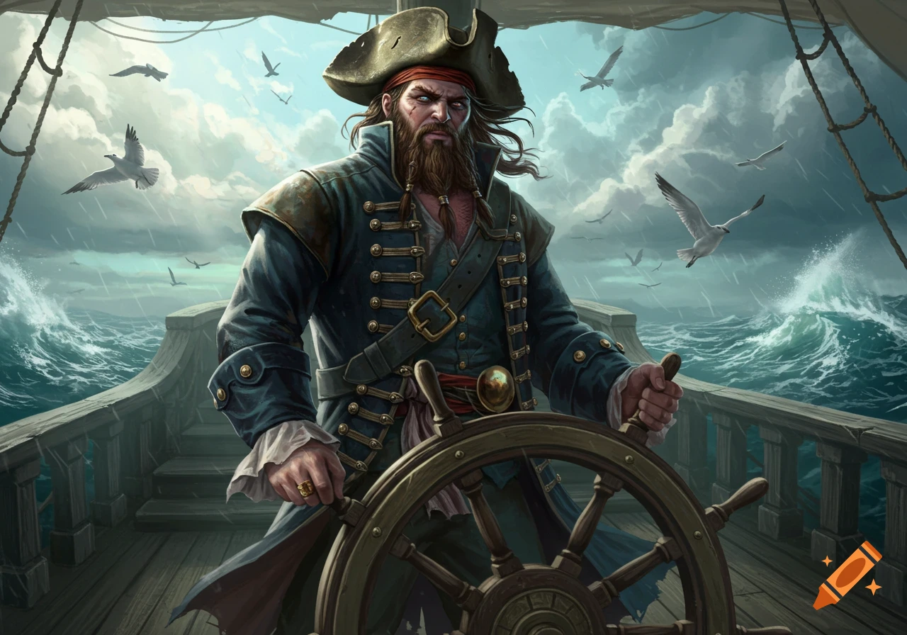A grizzled pirate captain with a long beard steers a ship through stormy seas under a cloudy sky with seagulls flying.