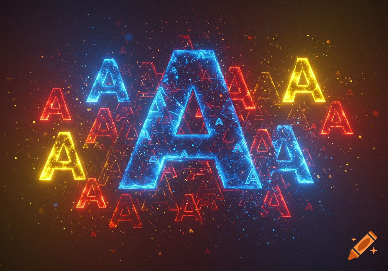Glowing neon letters 'A' in blue, red, and yellow, surrounded by sparkling particles on a dark background.