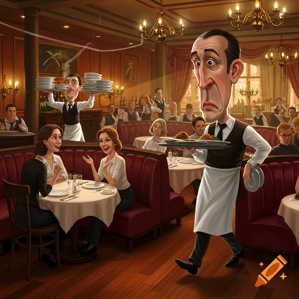 A cartoon illustration of a busy restaurant with a large-headed, sad-faced waiter serving food and plates to diners.