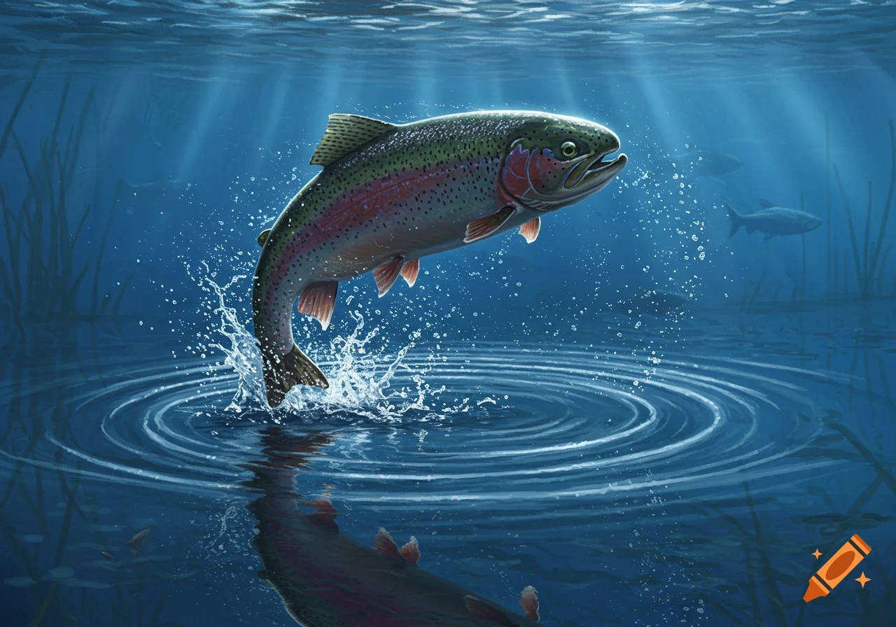 An illustration of a rainbow trout leaping out of blue water, with ripples and splashes.