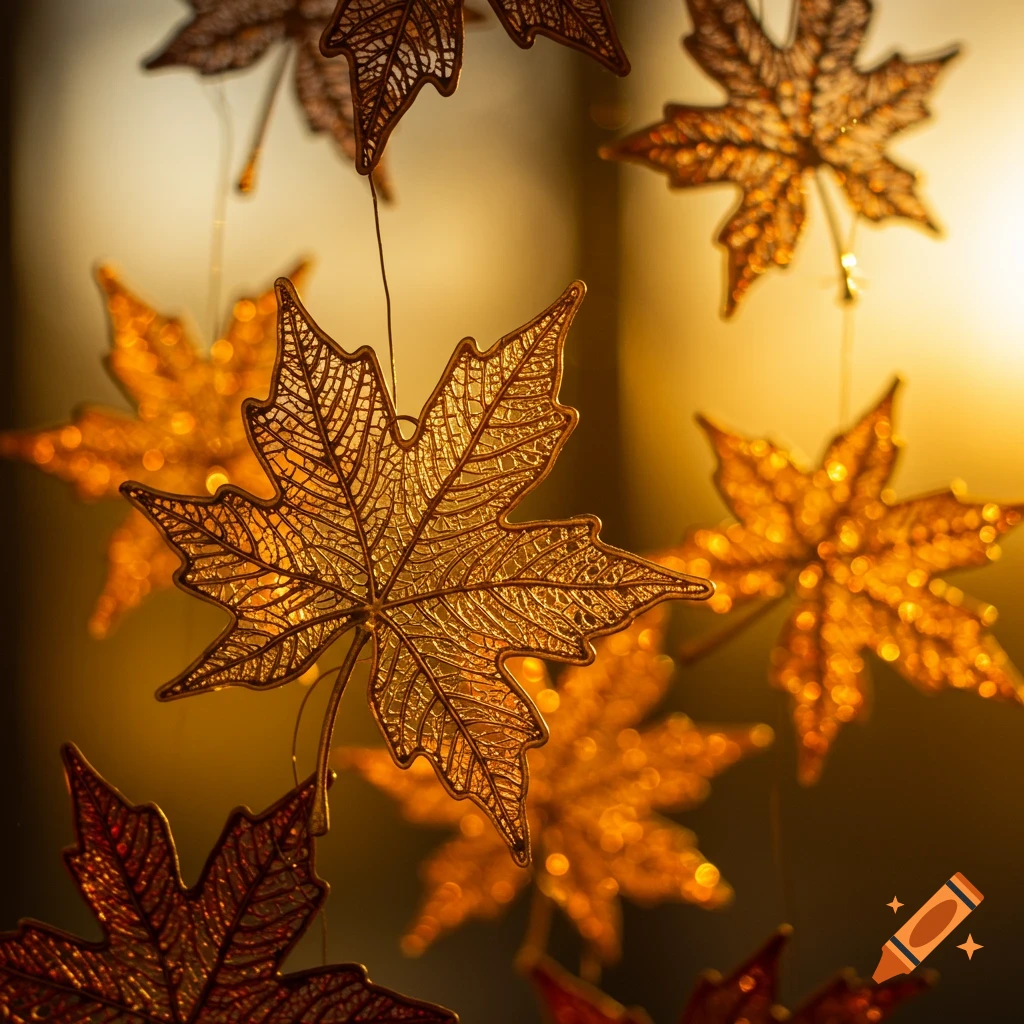 Intricate golden filigree maple leaves hang with warm, blurred background lighting.