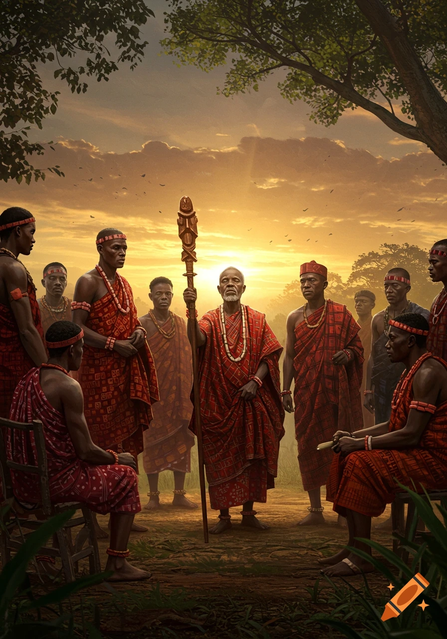 A group of men in red traditional attire gather outdoors at sunset, an elder holding a carved staff.
