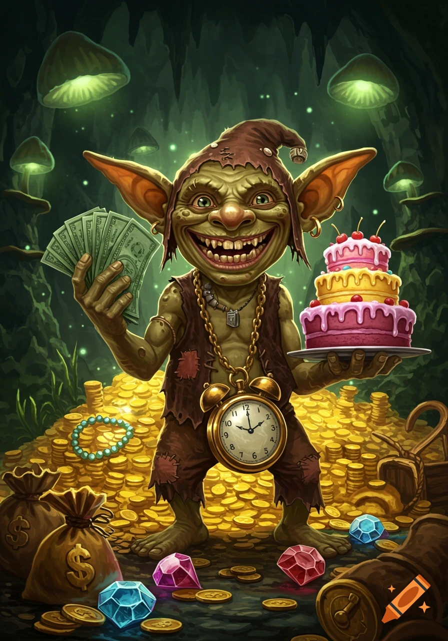 A grinning goblin in a cave full of gold and jewels. He holds a fan of cash in one hand and a tiered cake in the other, wearing an alarm clock necklace.