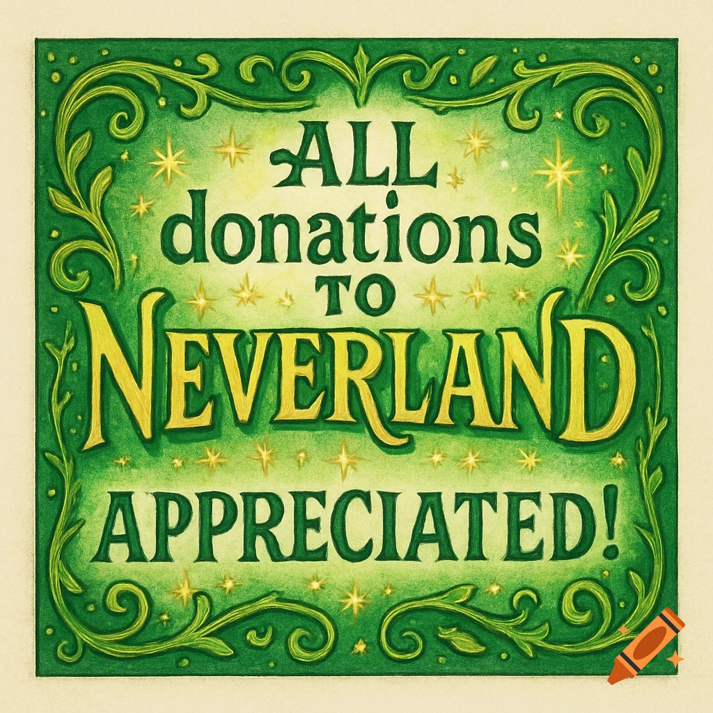 A vibrant green square sign with gold and dark green stylized text reading "ALL donations TO NEVERLAND APPRECIATED!" surrounded by a leafy, swirling border and sparkling stars.
