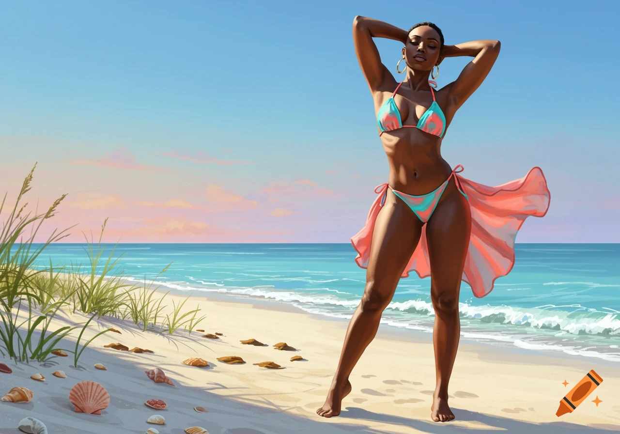 A woman in a colorful bikini poses on a sandy beach with the ocean and a sunset sky in the background, in an illustrative style.
