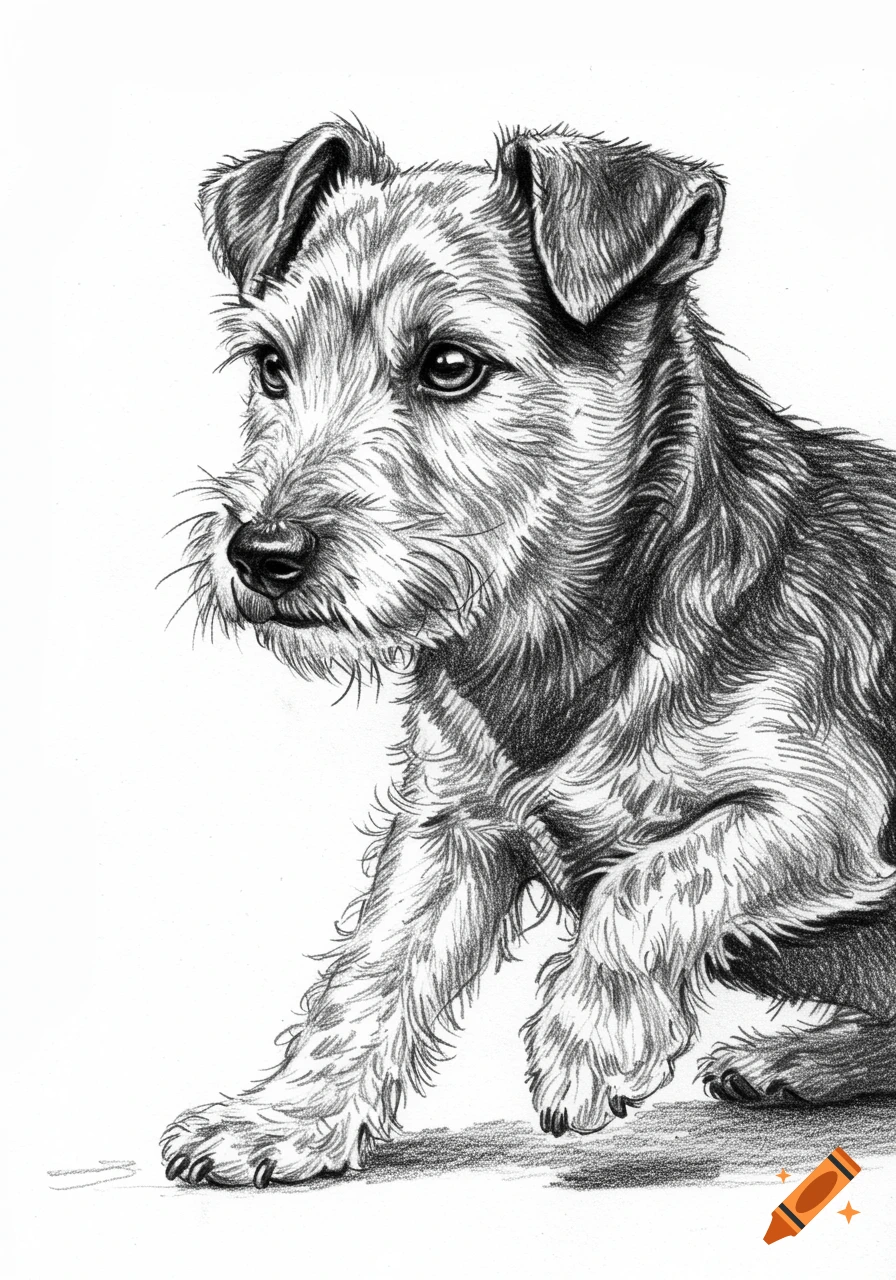 Black and white pencil sketch of a shaggy terrier dog looking left on a white background.