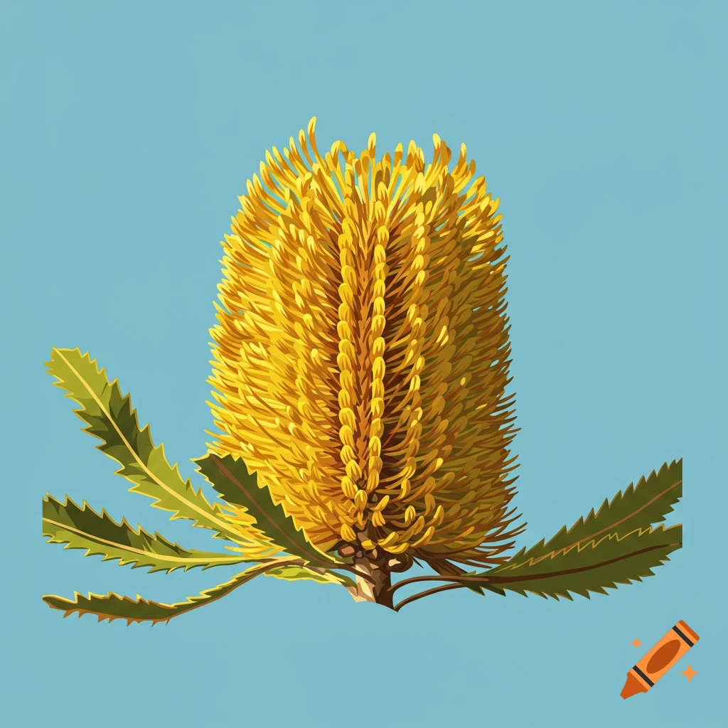 A simply stylized yellow Banksia flower with green leaves against a light blue background.