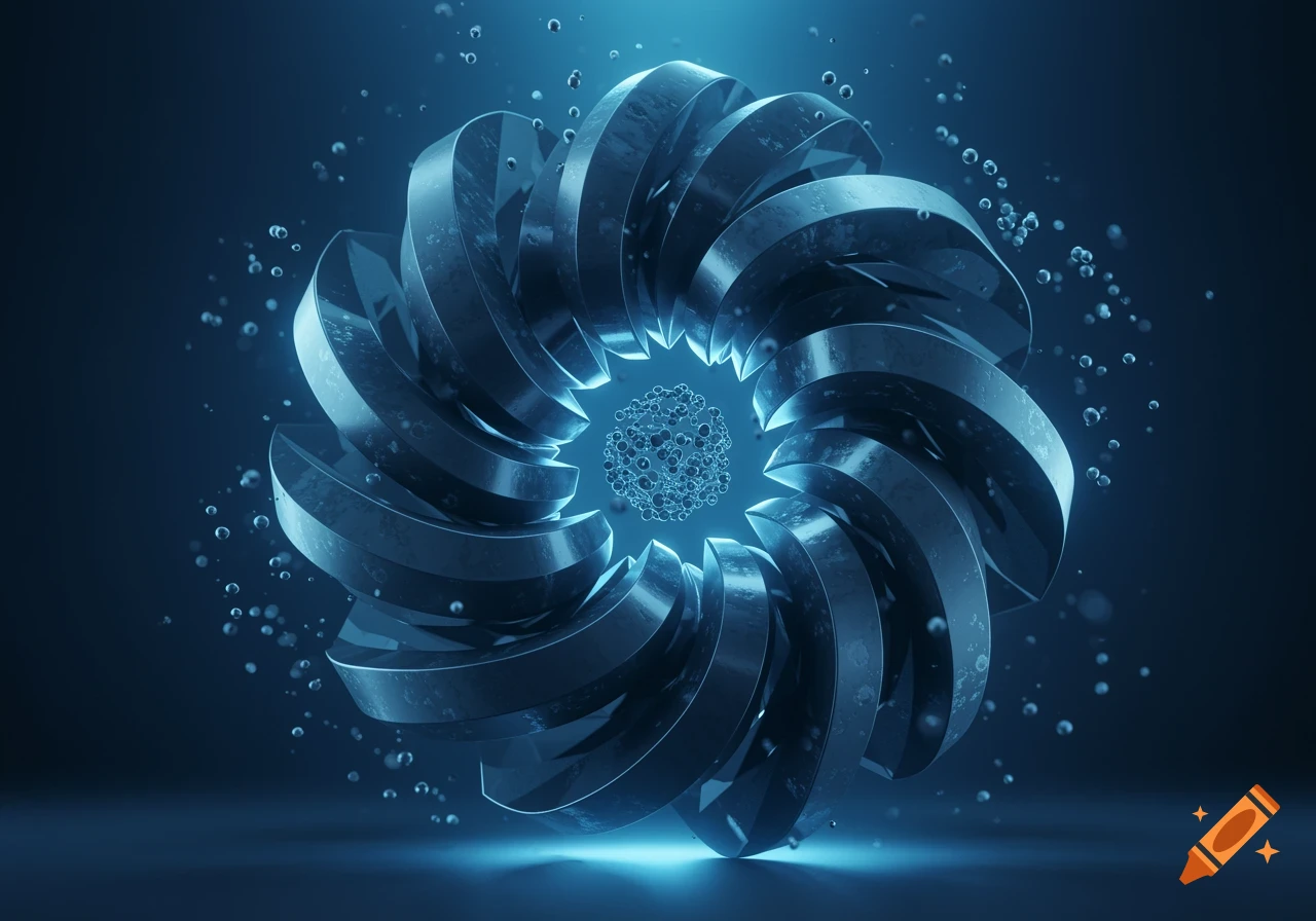 Shiny metallic spiral object, resembling a gear or turbine, with a spherical cluster at its core, against a blue background with floating bubbles. Abstract 3D rendering.