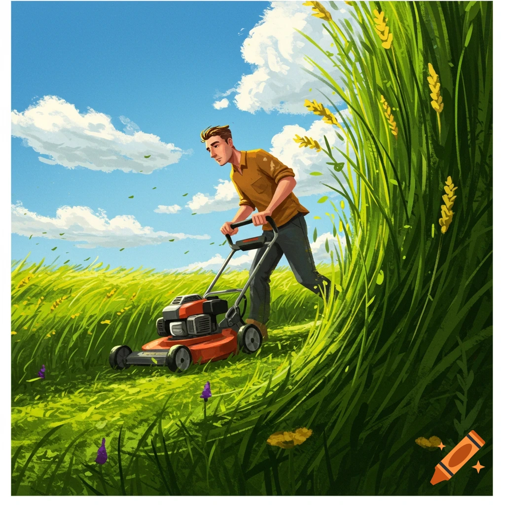 A man pushes a lawnmower through a field of extremely tall green grass under a blue sky, in an illustrative style.