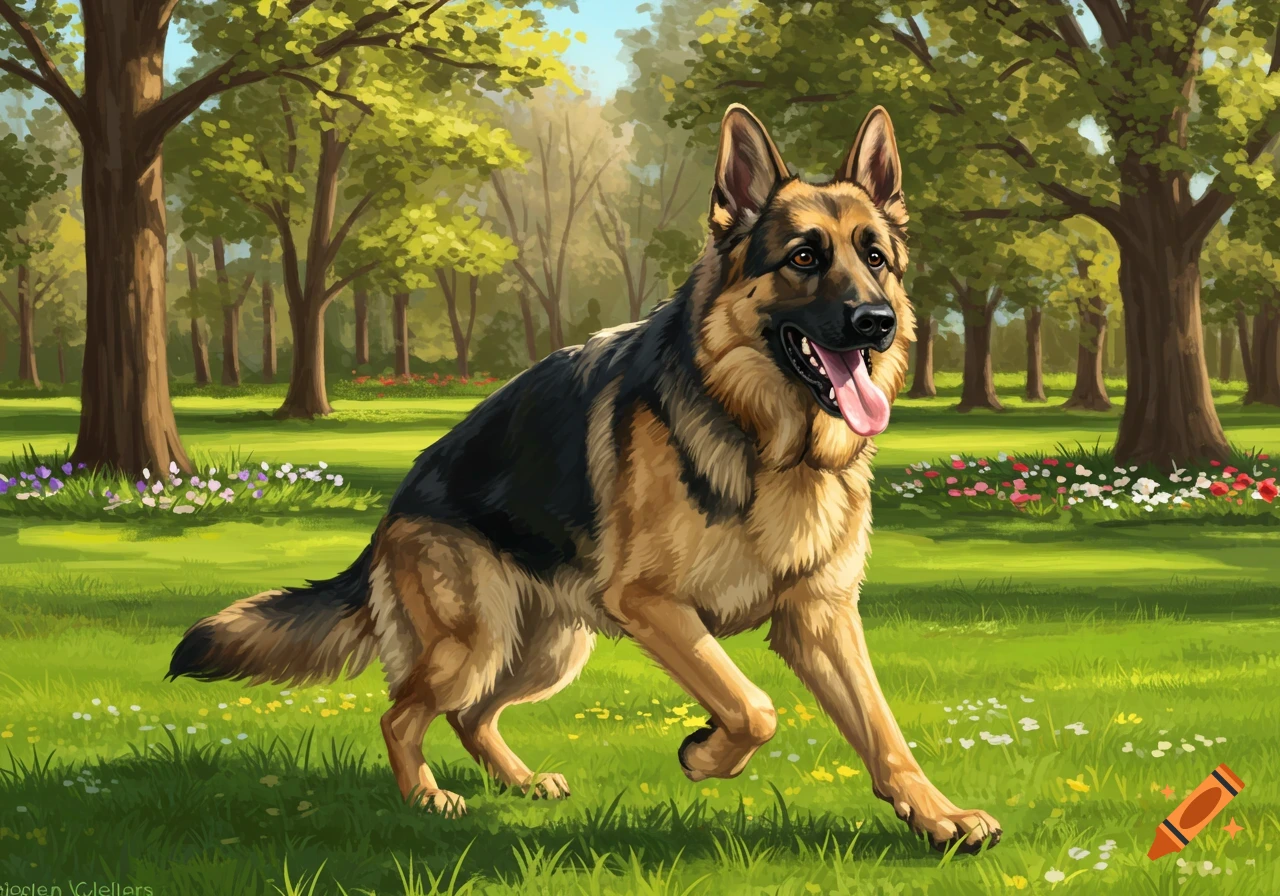 A happy German shepherd dog runs through a sunlit park with green grass and trees, in a painterly style.