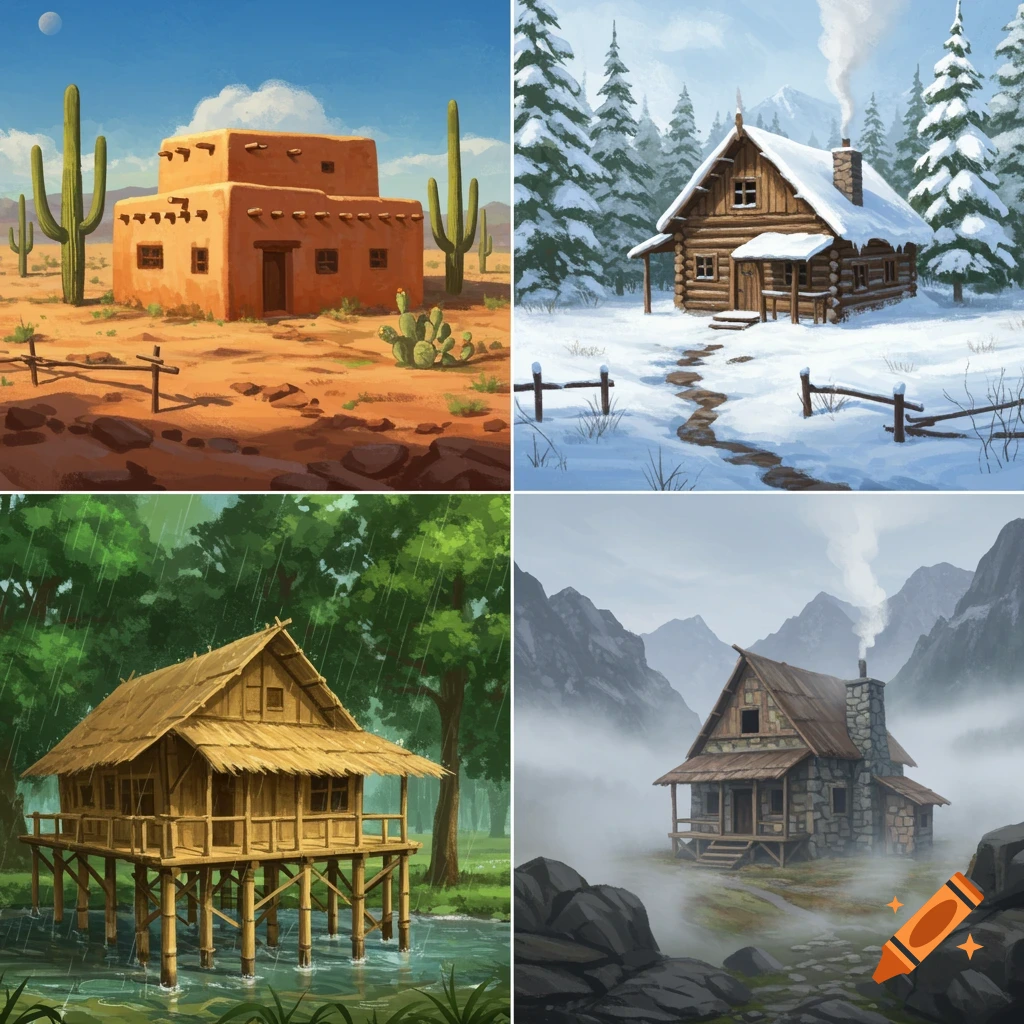 Four panel grid showing different houses in diverse climates: adobe in desert, log cabin in snow, stilt house in rain, stone cottage in mountains.