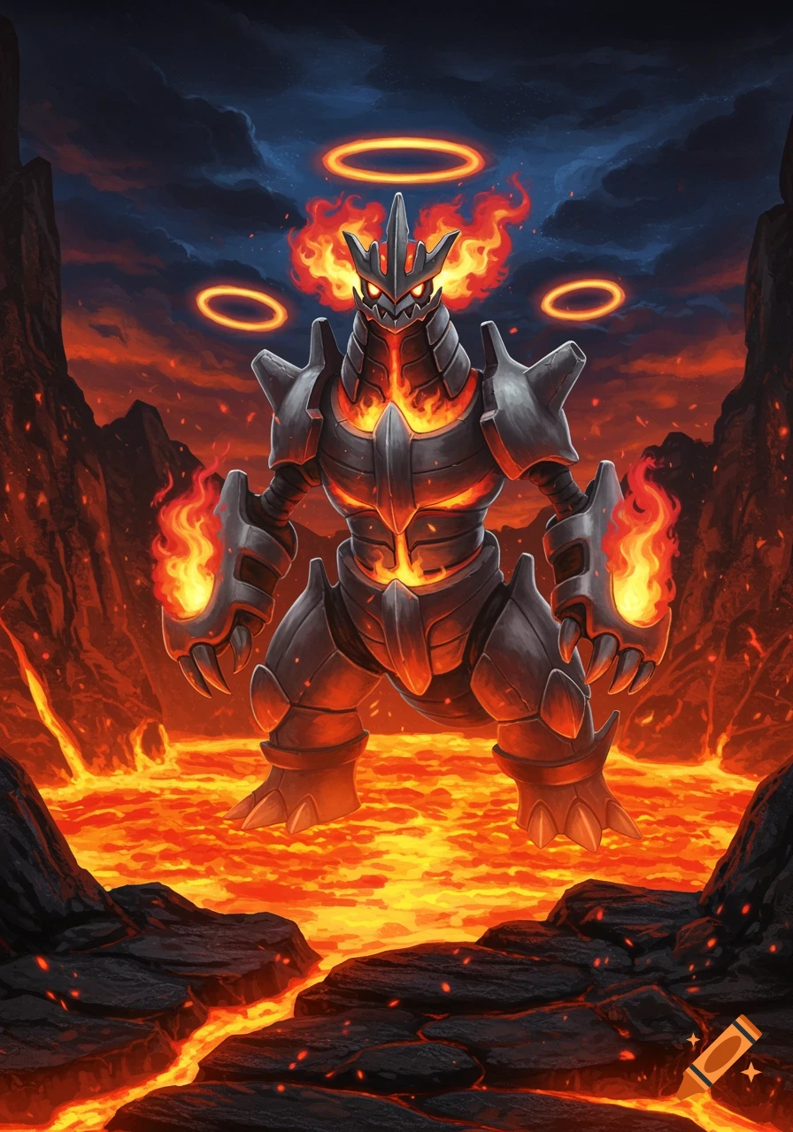 A powerful, armored creature made of dark steel with fire emanating from its body and glowing orange rings above its head, stands in a landscape of molten lava and jagged black rocks under a fiery sky.