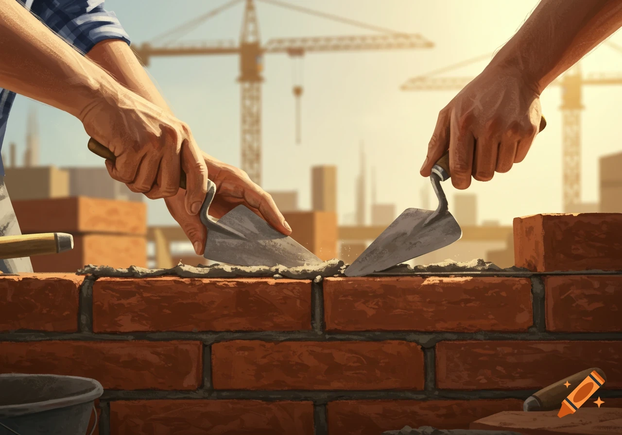 Two hands lay bricks with trowels and mortar, building a wall at a construction site with cranes in the background, in an illustration style.