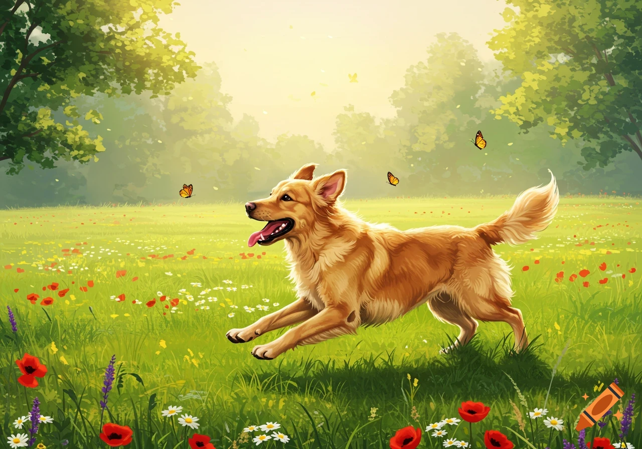 A happy golden dog runs through a sunlit green field filled with red poppies and white daisies, with butterflies fluttering.