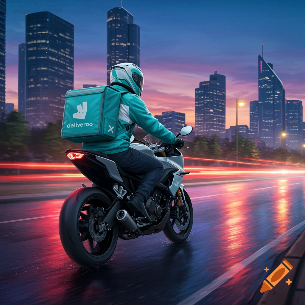 Photorealistic image of a Deliveroo rider on a motorcycle, speeding through a city at dusk with light trails.