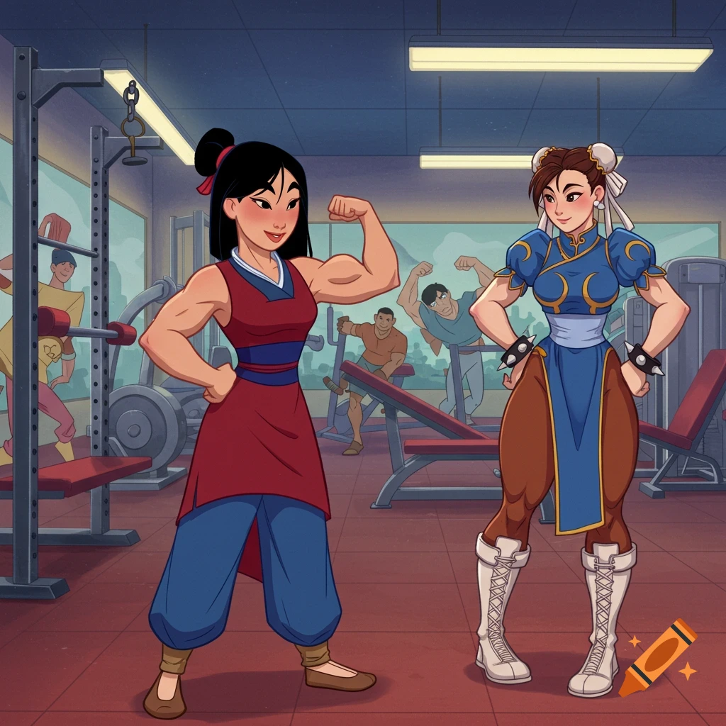 Cartoon image of Mulan flexing her muscular arm in a gym next to Chun Li, who stands with hands on her hips.