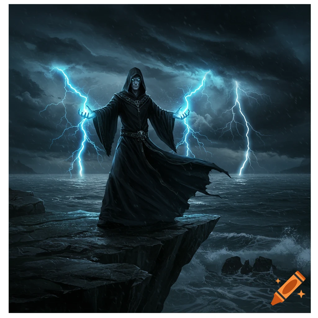 A dark wizard in black robes stands on a cliff, summoning blue lightning over a stormy ocean under a dark sky.
