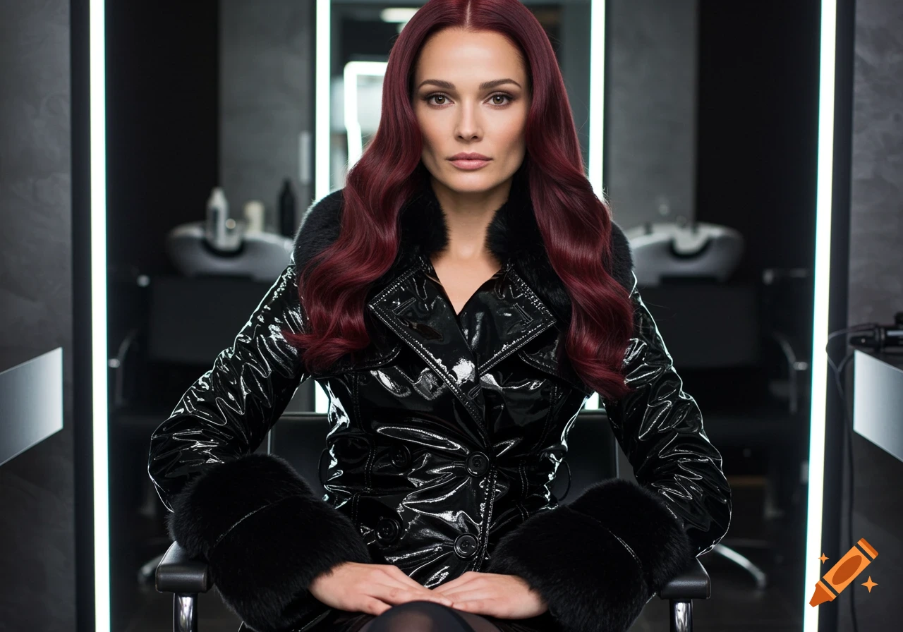 Photorealistic portrait of a woman with burgundy hair in a black shiny trench coat sitting in a modern hair salon.