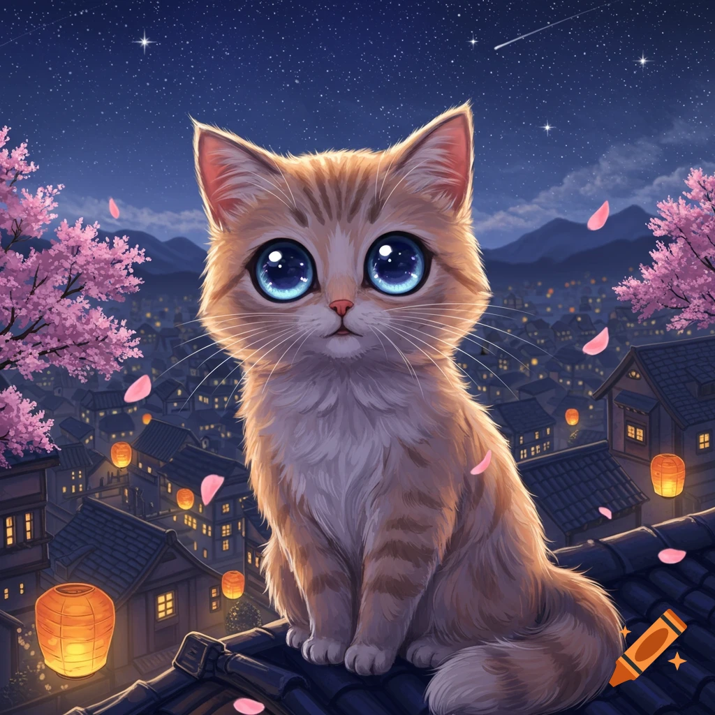 A cute anime cat with large blue eyes sits on a Japanese-style rooftop at night, with cherry blossoms and lanterns.